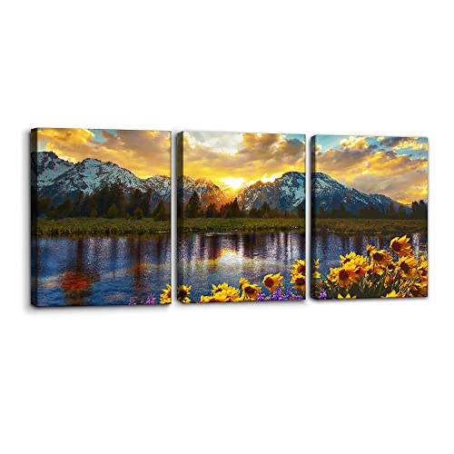 3 Pieces Mountain Canvas Wall Art for Living Room Nature Landscape Picture Sunflower Wall Decor for...