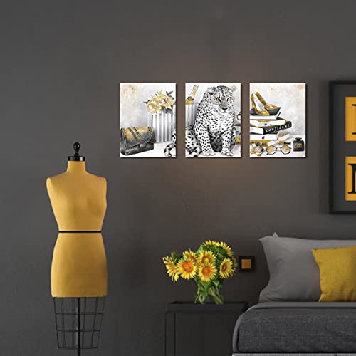 Kalormore Glam Fahion Pictures Gift For Women Bedroom Black And White Leopard With Books High Heel Shoes Perfume Canvas Prints Wall Art Decor Bathroom Decoration Ready To Hang #TOP1