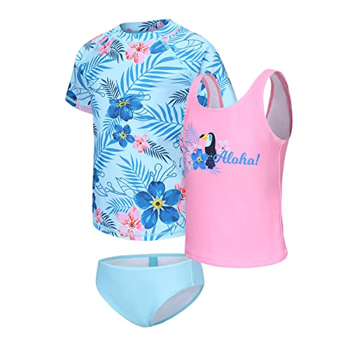 Girls 3 Piece Rash Guard Swimsuits Set for Girls Short Sleeve Bathing Suits Hawaiian Swim Set 3-16 Years