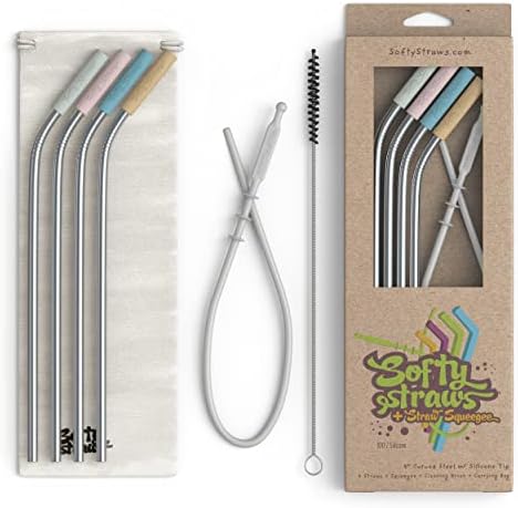 Premium Reusable Stainless Steel Drinking Straws With Silicone Tips + Patented Straw Cleaners and Carrying Case - 9” Long Metal With Curved Bend for 20/30/32oz Tumblers - Natural Colors