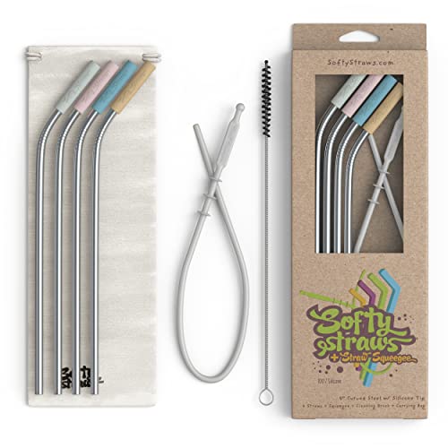 Softy Straws Premium Reusable Stainless Steel Drinking Straws With Silicone Tips + Patented Straw Cleaners and Carrying Case - 9” Long Metal With Curved Bend for 20/30/32oz Tumblers - Natural Colors