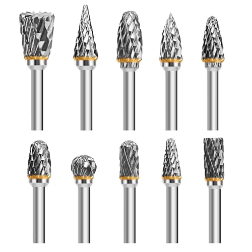 UCEC Tungsten Carbide Burr Set for Dremel Rotary Tool Accessories, Carbide Die Grinder Bits, 1/8” Shank, for Dremel Drill Bits, Metal Drill Bits, Wood Carving Drill Bit, Rotary Burr Drill Bit, 10pcs