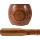 ledmomo 木製大蒜捣碎器と乳棒 伝統的な擂り鉢デザイン 人間工学に基づく握りやすさ スムーズな表面加工 調味料やニンニクの手動粉砕用