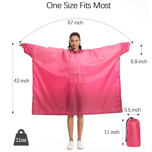 NUUR Regenponcho Damen Herren Unisex Regencape Regenmantel Regenjacke Festival Wasserdicht Hiking Cycling Outdoor 3in1 Mehrzweck Wiederverwendbar Rain Poncho mit Kapuze Gradient Rosa