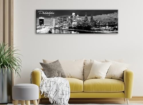 Image of DJSYLIFE Philadelphia Skyline Canvas Art, 13.8 inchx47.3 inch, Black & White | Cityscape Wall Decor, Modern Panoramic Night View Print, For Living Room, Office, Bedroom, Ready to Hang
