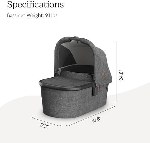 UPPAbaby Bassinet V3 - Compatible with Vista, Cruz, Ridge, Minu Strollers - Overnight Sleep Solution - Mattress, Sheet and Bug Shield Included - Greyson (Charcoal Mélange/Carbon Frame)