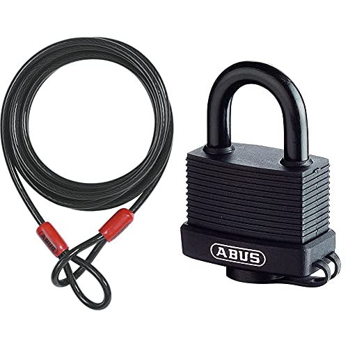 ABUS Schlaufenkabel Cobra 10/500 - Stahlseil mit Kunststoff ummantelt - 5 m lang, 10 mm stark & Messing-Hangschloss, Messingbügel, 45mm / Bügelhöhe 63mm, verschiedenschließend, schwarz