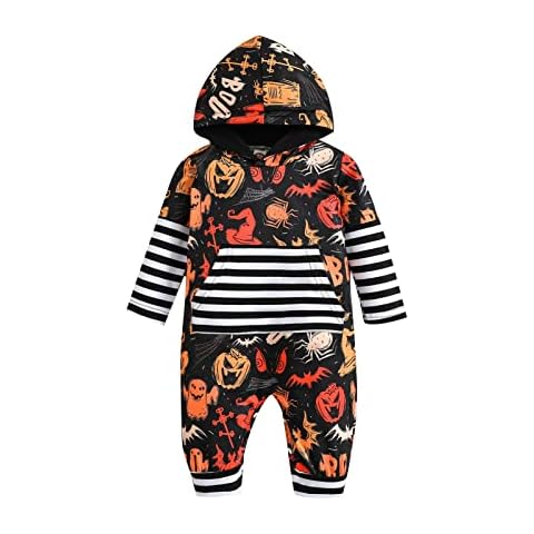 Infant Baby Boys Girls Halloween Jumpsuit Pumpkin Ghost Print Striped Hooded Romper Newborn Fall Winter Cotton Clothes (Black, 0-3 Months) Cover