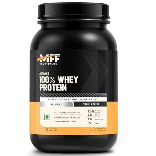 Image of MyFitFuel Advance MFF 100% Whey Protein Powder, Whey With Digestive Enzymes and Multi Vitamins | 1 Kg, 28 Servings (Vanilla Creme)