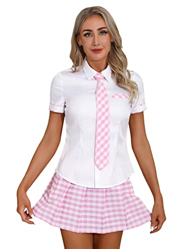 Yeahdor Damen Schulmädchen Uniform Kostüm Set Anime Schuluniform Shirt + Mini Kariertrock + Krawatte Cosplay Party Verkleidung Ab Rosa M