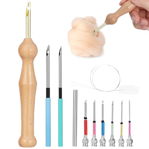 Image of VILLCASE Punch Needle Set for Embroidery with Wooden Handle Multiple Needle Sizes Craft Kit for Beginners and Adults Comfortable Grip Punch Tool for DIY Embroidery Projects
