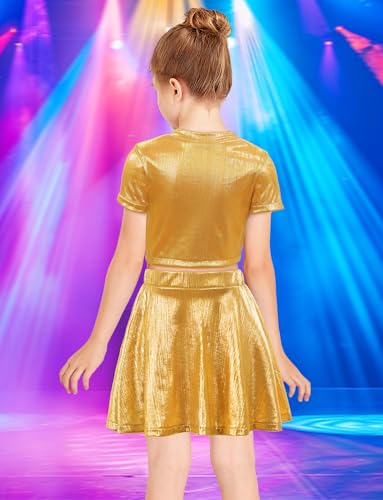 Image of Happy Cherry Kid Girl Shiny Skirt and Top Set 2 Piece Texture Ribbed Metallic Disco Rave Cheer Outfit 4-12T