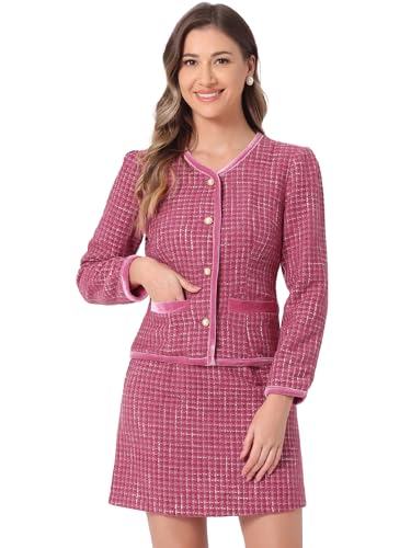Allegra K Women Business Suit Set Plaid Tweed Jacket Crop Blazer Mini Skirt