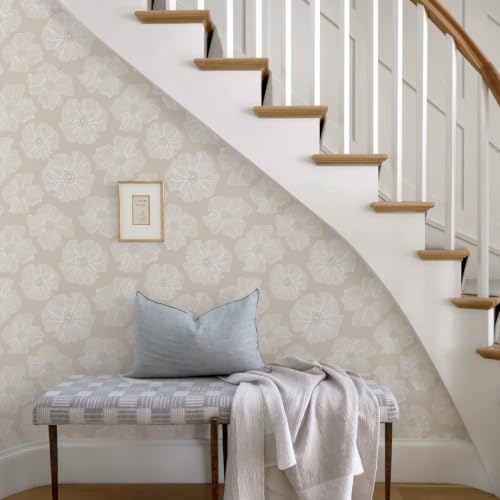 Floral Peel and Stick Wallpaper Beige Cottage Contact Paper White Lines