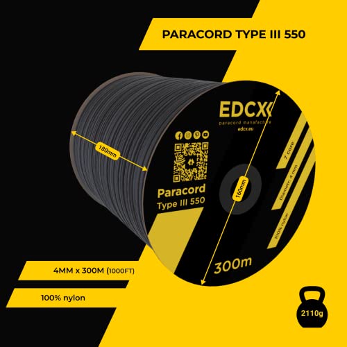 EdcX Paracord 4mm, 35+ kolorów (10 m, 15m, 30m, 50m, 100m, 300m) | Idealny do rękodzieła, majsterkowania, biwakowania | 100% nylonowa lina 4mm| Linka Taktyczna 550 Typ III