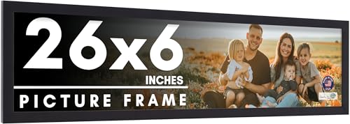 26x6 Frame Black Picture Frame - Complete Modern Photo Frame Includes UV Acrylic Shatter Guard Front, Acid Free Foam Backing Board, Hanging Hardware Wood Wall Frames for Family Photos - no Mat