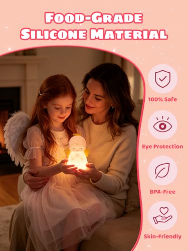 Image of Ammonite Pink Angel Night Light, Soft Silicone Nursery Lamp with RGB 30-Minute Timer, Touch Control Nightlight for Bedroom Decor, Christening Baptism Gifts Christmas Birthday Gift