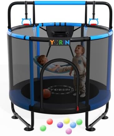 YORIN Trampoline for Kids 66” 60” 55” Toddler Mini Small Outdoor Indoor Trampoline W Basketball Hoop, Swing, Adjustable Gymnastics Bar, Gift for Baby, Toddlers & Kids