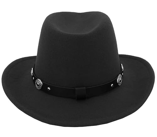 Western Outback Felt Cowboy Hat For Women Cowgirls Fedora Gus Hat Rodeo 22"-22.75" Fit For M/L (58Cm Adjustable Fit For M/L, Black With Metal Silver Button) #TOP7