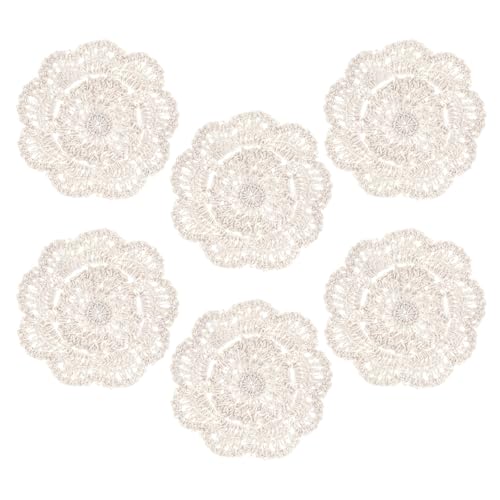 Qianyu 6PCS Woven Drinks Coasters Set Lace Round Handmade Coasters Absorbent Small Handmade Crochet Coasters Minimalist Wooden Tabletop Protection Beige Decoration for Coffee Table Mugs Cups Home