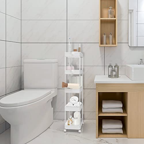 Spacekeeper 5-Tier Storage Cart, Bathroom Storage Organizer Rolling Utility Cart, Mobile Shelving Unit Slide Out Storage Shelves For Kitchen Living Room Bathroom Laundry Room & Dressers, White #TOP3