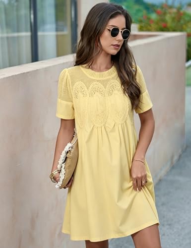 Image of Shiyifa Womens Babydoll Lace Patchwork Dresses Summer Short Sleeve Ruffle Sundress Loose Crew Neck A-Line Dresses
