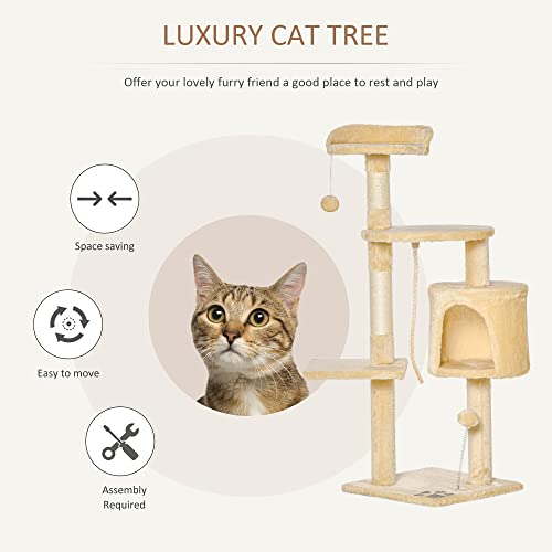 PawHut Cat Tree for Indoor Cats Pet Activity Centre Kitty Condo Climbing Scratching Post with Toys 4-tier 114cm Tall Beige - Image 3