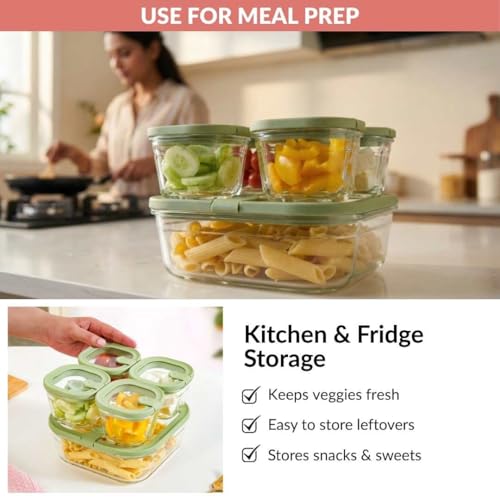 Image of Nestasia Vento Glass Containers with Lid Set of 5 (220ml x 4, 1320ml x 1) - Microwave, Refrigerator & Dishwasher Safe Containers with Air Vent Lid for Fridge Storage (Green)