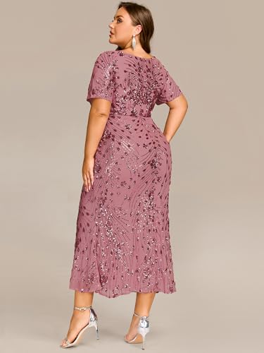 Image of Ever-Pretty Plus Women's Short Sleeves Bodycon Sequin Ball Gown Maxi Plus Size Formal Evening Dresses Vestidos De Fiesta