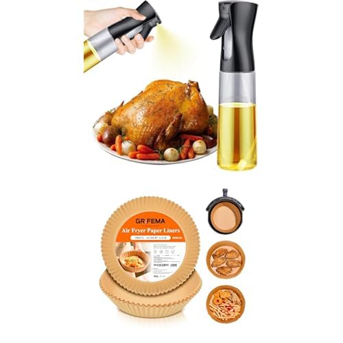 GRIFEMA Spray de aceite para freidora de aire 300ml con 100 papel de horno redondo sin BPA para freidora de aire 2.2-4.5L