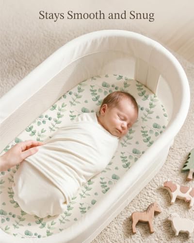 Image of Bassinet Sheets for Baby Girls Boys 2 Pack, Fitted Baby Mattress Sheet for Rectangle, Oval, Hourglass Bassinet Mattress, Breathable Cozy & Universal Fit (Bunny Meadow, Bassinet Sheet)