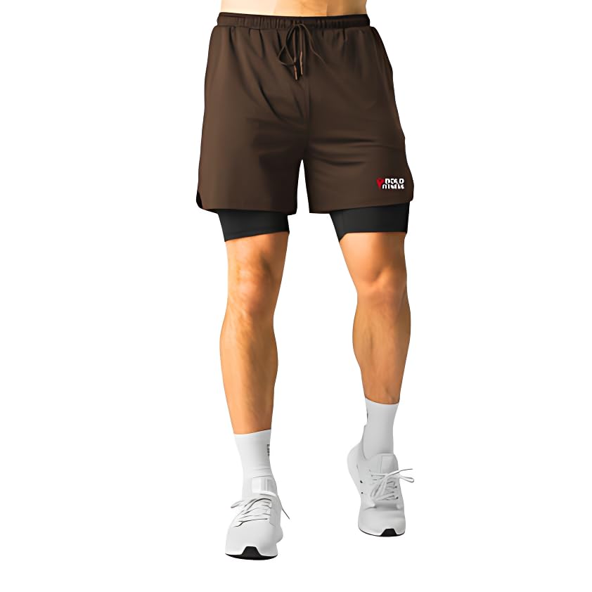 Image of BOLDSHARK Men's 2 in 1 Workout Running Shorts Lightweight Training Yoga Gym Short with Pockets Cycling Shorts. (in, Alpha, 2XL, Regular, Coffee Brown)