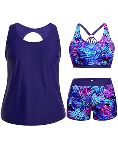Image of Holipick Women Plus Size Swimsuits - Athletic 3 Piece Tankini with Shorts