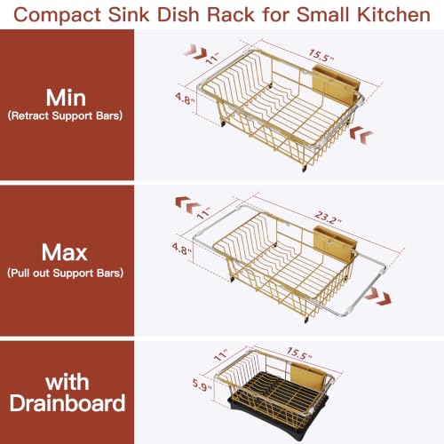 Image of JASIWAY Gold Dish Drying Rack in Sink with Drainboard and Utensil Holder