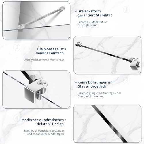 SVNR 50 cm Duschwand Halterung mit 180° Flexibel Drehbarem Winkel, Stabilisierungsstange Dusche für Glasdicke 6-10 mm, Drehbar Edelstahl-Haltestange für Duschwände, Edelstahl Chrom Optik, Rechteckig