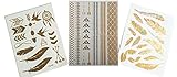STRASS & PAILLETTES - Lot de 3 Tatouages éphémères métallique Waterproof Tattoo Papillon. Oiseau. Hibou. Chouette. Plume. flèche. Lien Infini. Attrape reves - Bijou de Peau - Tattoo temporaire Or