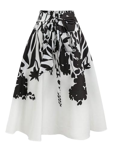 GORGLITTER Women's Bow Midi Skirt Y2K Floral Print Tie Belted High Waist A Line Flowy Skirts Casual Dressy