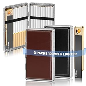 X-LIGHTER 2 Pack of Cigarette Case with Lighter for 100’s King Size, Retro PU Leather 100mm Vintage Cigarettes Cases for Men Women Gifts (Black + Brown)
