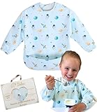Belea Babero con Mangas Impermeable Bebe BLW con Bolsillo Recogemigas Alimentacion Complementaria Babete Impermeável Bebe Lavable Regalo Cumpleaños Baby Shower sin BPA Ajustable de 6 Meses a 3 Años