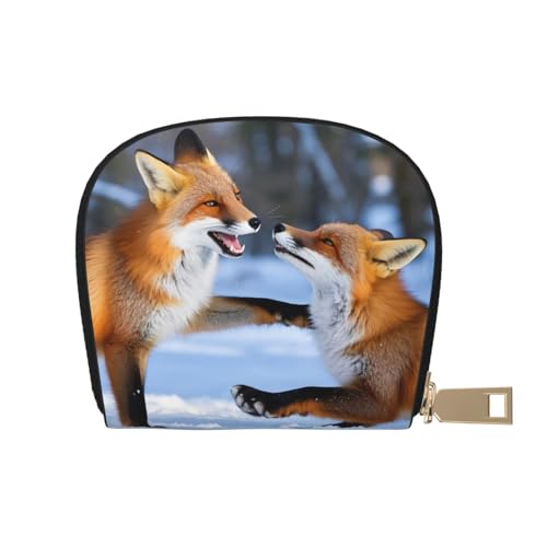 Frozen Foxes Print Credit Card Holder, PU Leather Small Card Bag Wallets with Zipper for Women Men id Business Card