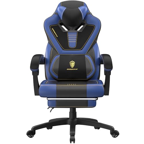 Dowinx Silla de Gaming con reposapiés, Silla de Juegos para Personas Pesadas, Silla de Gamer para Adultos con Masaje, Silla de Ordenador con PU, Silla de Juego para PC, 150 kg (Azul)