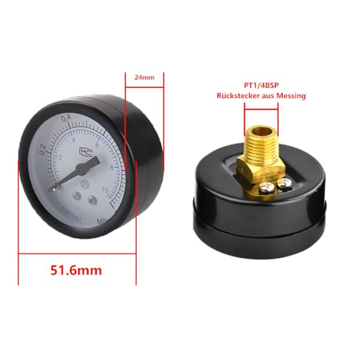 GERUI Manometer Wasser 0-10 Bar, Ø 50 mm, 1/4 BSP-Messinganschluss, für Druckluft und Vakuum