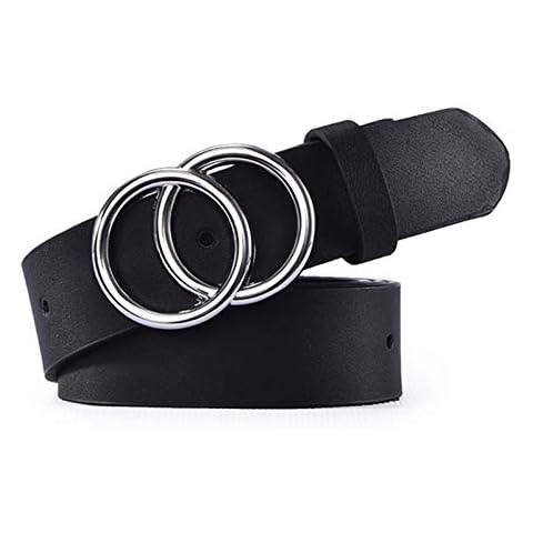 WZDTNL Women Leather PU Belt Double O-Ring Buckle Fashion Classic Waist Belt Silver Cover