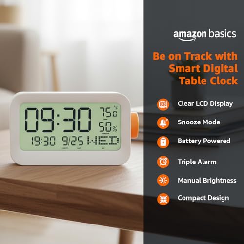 Image of Amazon Basics LCD Digital Table Clock with 3 Alarms, Snooze, Manual Brightness, ABS, White Color, Battery Operated, Compact Design for Desk, Bedside, Study Table (Size: 14 x 6.3 x 7.6 cm)