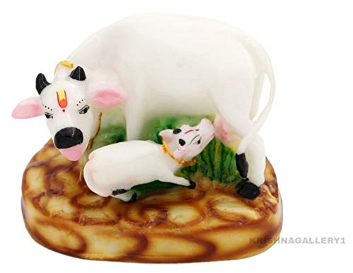 Marble Cow with Calf Statue for Pooja Room Home Decor Idol, Multicolor, 13 cm, 10 cm