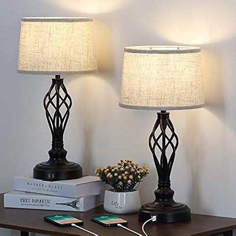 JS NOVA JUNS Table Lamps Set of 2, Traditional Bedside Lamp with 2 USB Charging Ports, Nightstand Light with Fabric Shade Perfect for Bedroom, Living Room, Study Room, Kids Room, Dorm Cover