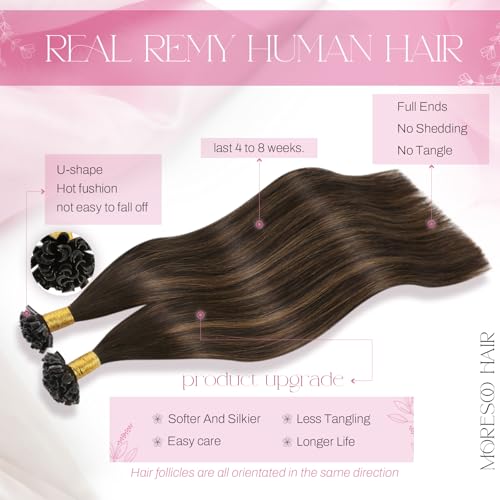 Image of Moresoo K Tip Hair Extensions Real Human Hair Brown Chestnut Ombre, 22 Inch | 50g 50 strands, extended straight length, flexible strand placement for photoshoots, parties and styled looks