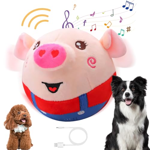Image of Active Moving Pet Plush Toy, Smart Interactive Dog Toy Pet Bouncing Balls, USB Rechargeable Washable Cartoon Plush Squeaky Pig Dog Toy for Dog /Puppy and Cats, with 120 Music (Red Pig)