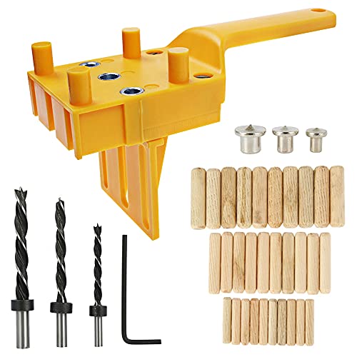 ODOMY 41PCS Handheld Woodworking Dowel Jig Kit, 6/8/10mm Wood Dowel Drilling Guide Doweling Hole Saw Tools with Wood Dowel Pins & Twist Drill Woodworking Hole Jig Kit for Angle Drilling Holes