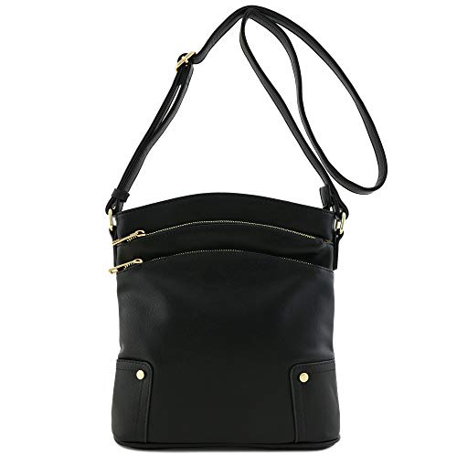 Triple Zip Pocket Large Crossbody Bag (Black) #TOP1